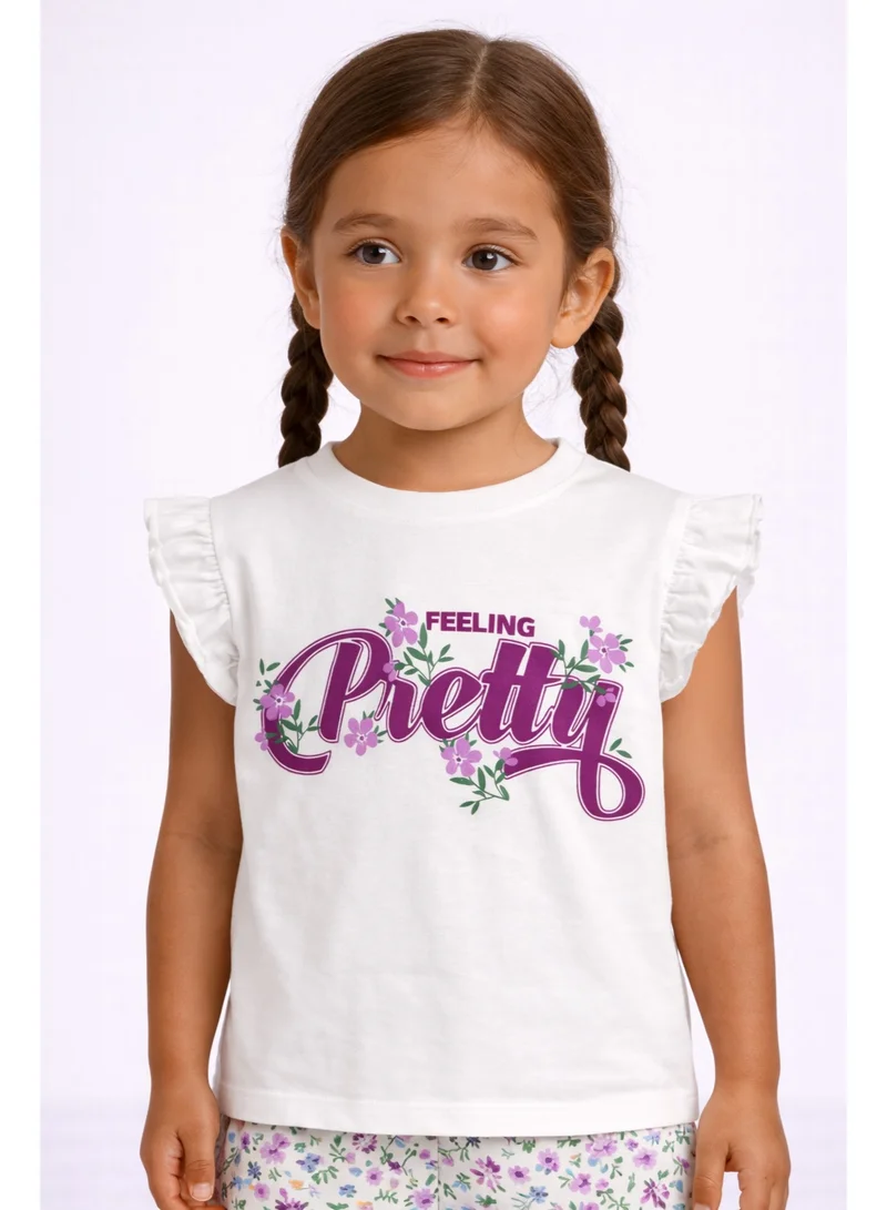 فكتور اند جين Girls’ Pajama Set – “Feeling Pretty” Frill Sleeve Top & Floral Shorts